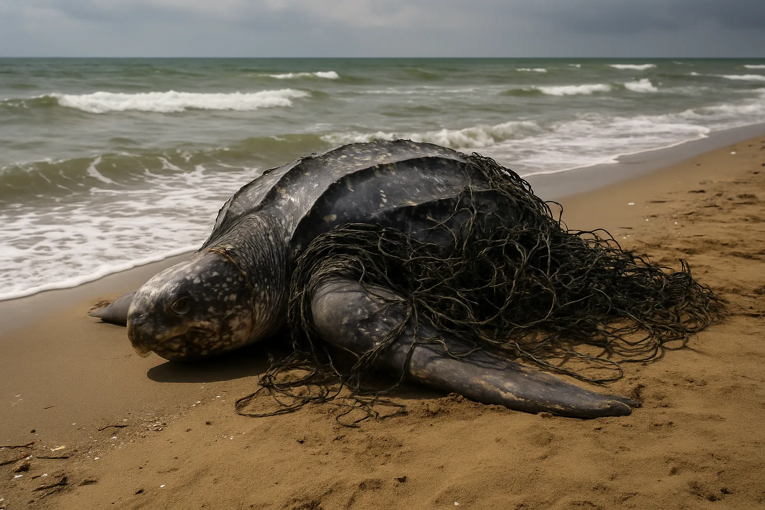 Tartaruga liuto morta sulla spiaggia della Feniglia: intrappolata nelle reti da pesca abbandonate